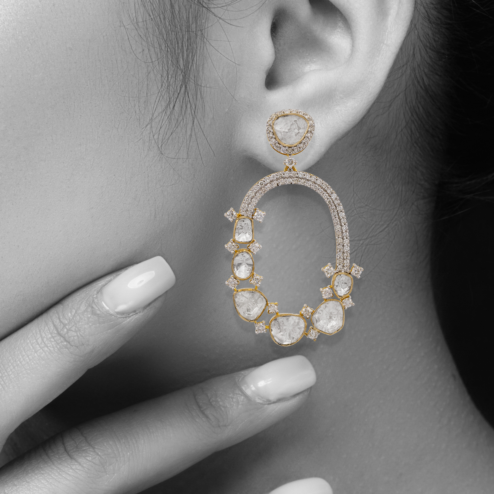 Uncut Polki Oval Halo Drop Earrings with Diamonds
